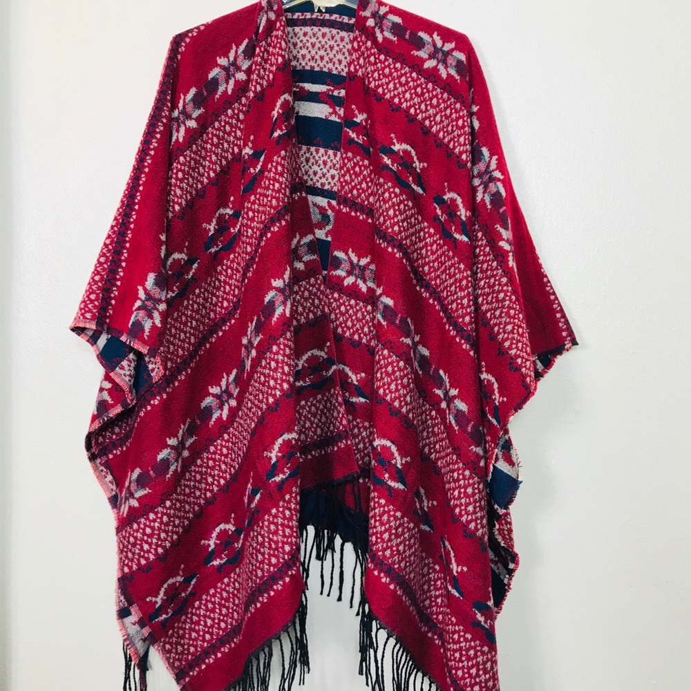 Reversible Lebanese Cape Poncho Boho Fringe Wrap Shawl Red Blue Cozy one size - Picture 10 of 10